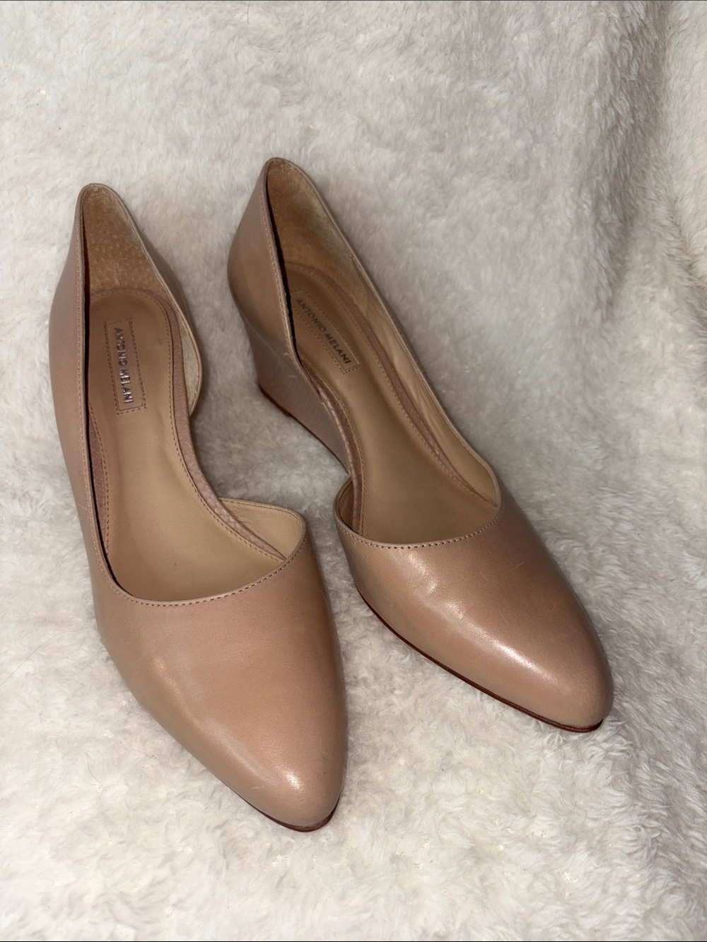 Antonio Melani Neutral Beige Leather Pointed
Toe Low Wedge Heels d'Orsay